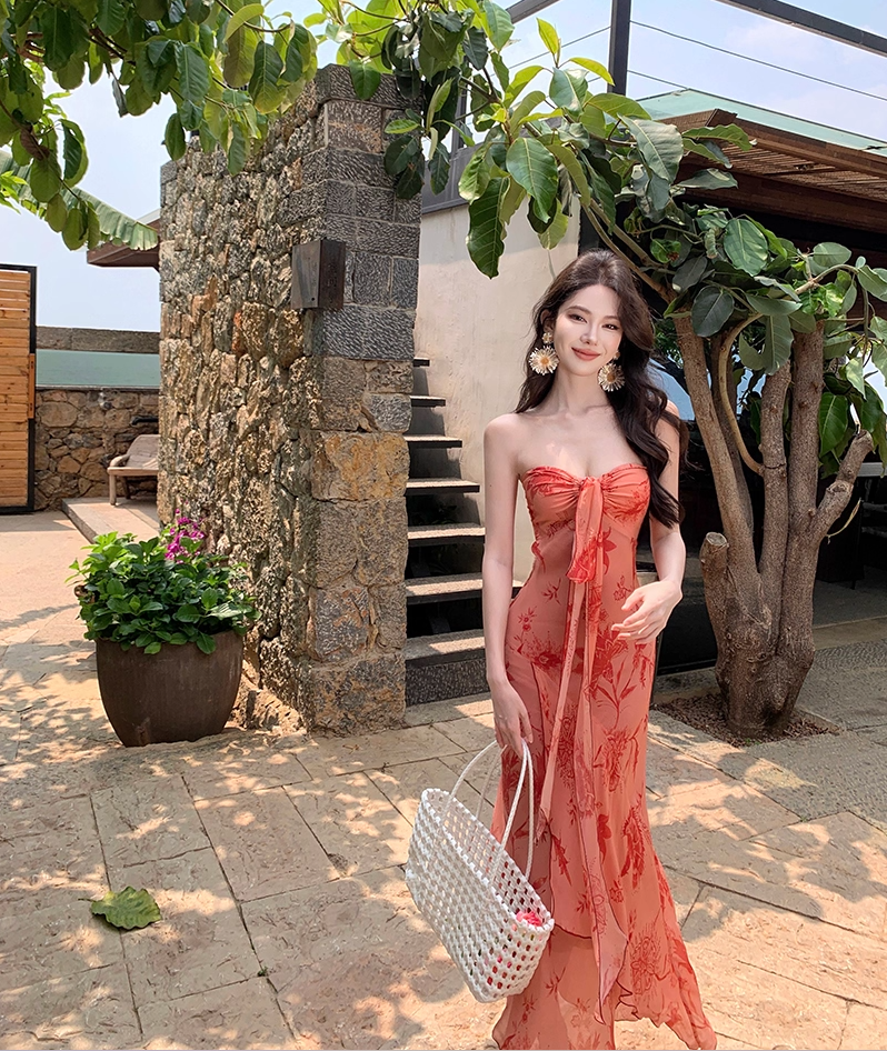 Refined Sheath Strapless Maxi Dresses Glorious Asymmetric Hem Tie-Front Floral Print Long Dress AP3406