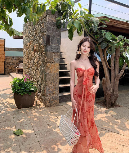 Refined Sheath Strapless Maxi Dresses Glorious Asymmetric Hem Tie-Front Floral Print Long Dress AP3406