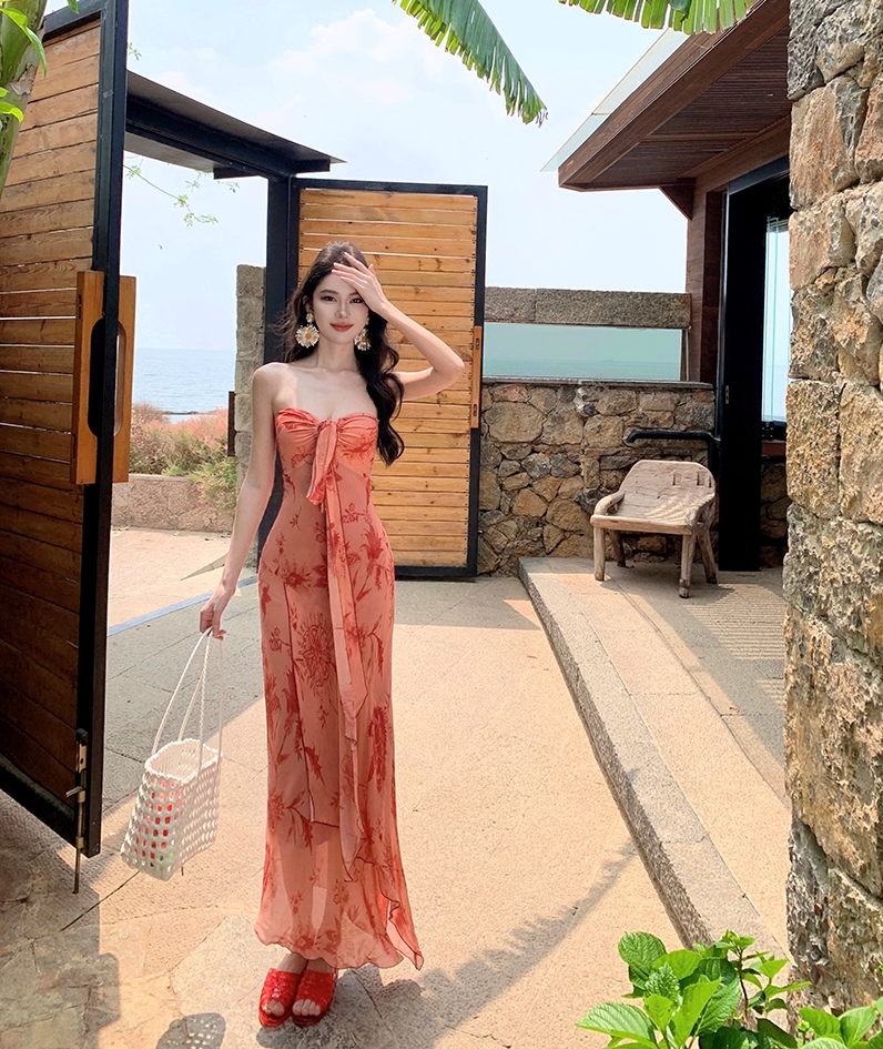 Refined Sheath Strapless Maxi Dresses Glorious Asymmetric Hem Tie-Front Floral Print Long Dress AP3406