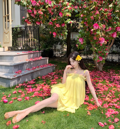 Lovely A-Line Beading Spaghetti Strap Mini Skirt Cute Yellow Tiered Tulle Flowy Short Dress AP3407