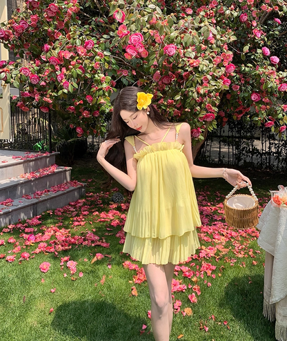 Lovely A-Line Beading Spaghetti Strap Mini Skirt Cute Yellow Tiered Tulle Flowy Short Dress AP3407