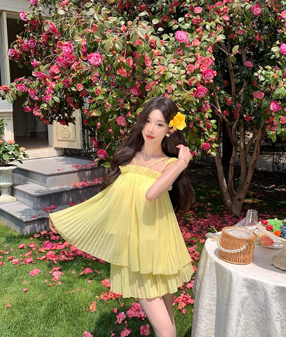 Lovely A-Line Beading Spaghetti Strap Mini Skirt Cute Yellow Tiered Tulle Flowy Short Dress AP3407