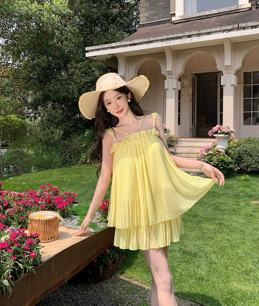 Lovely A-Line Beading Spaghetti Strap Mini Skirt Cute Yellow Tiered Tulle Flowy Short Dress AP3407