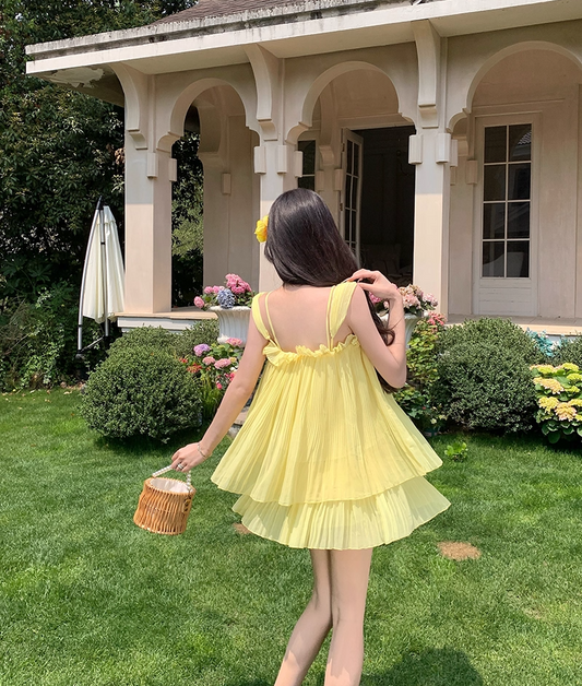 Lovely A-Line Beading Spaghetti Strap Mini Skirt Cute Yellow Tiered Tulle Flowy Short Dress AP3407