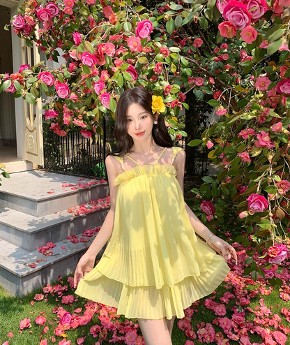 Lovely A-Line Beading Spaghetti Strap Mini Skirt Cute Yellow Tiered Tulle Flowy Short Dress AP3407