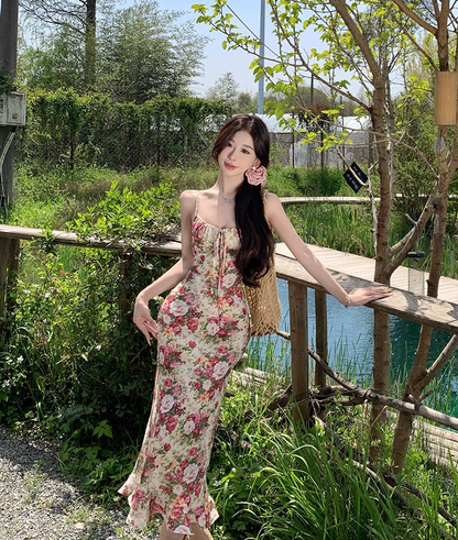 Boho-Inspired Spaghetti Strap Sheath Maxi Dress Beautiful Floral Print Ruffles Hem Long Dress AP3408