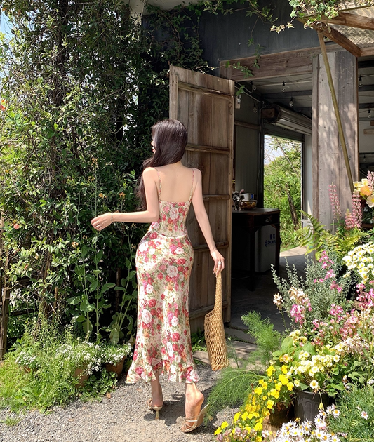 Boho-Inspired Spaghetti Strap Sheath Maxi Dress Beautiful Floral Print Ruffles Hem Long Dress AP3408