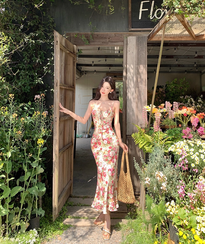 Boho-Inspired Spaghetti Strap Sheath Maxi Dress Beautiful Floral Print Ruffles Hem Long Dress AP3408