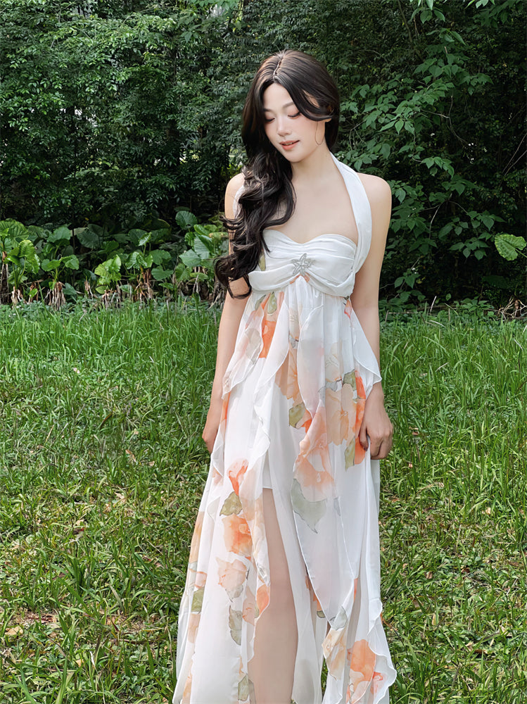 Everyday Wear Halter Neck Backless A-Line Maxi Dress Fairy Sequins Accent Floral Print Ruffles Long Dress AP3409