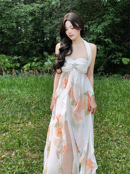 Everyday Wear Halter Neck Backless A-Line Maxi Dress Fairy Sequins Accent Floral Print Ruffles Long Dress AP3409