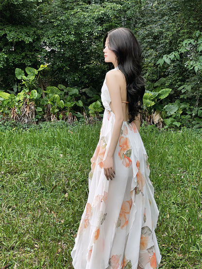 Everyday Wear Halter Neck Backless A-Line Maxi Dress Fairy Sequins Accent Floral Print Ruffles Long Dress AP3409