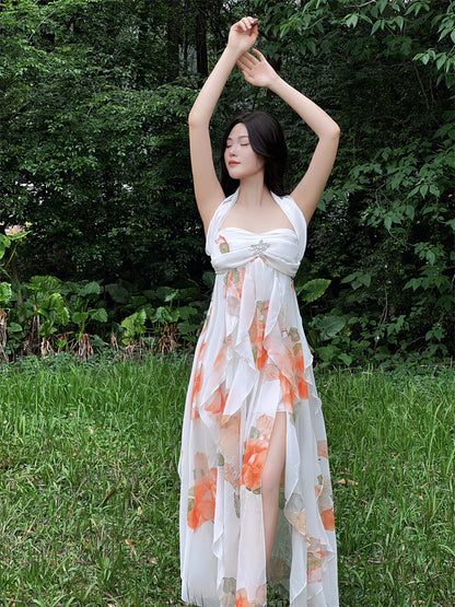 Everyday Wear Halter Neck Backless A-Line Maxi Dress Fairy Sequins Accent Floral Print Ruffles Long Dress AP3409