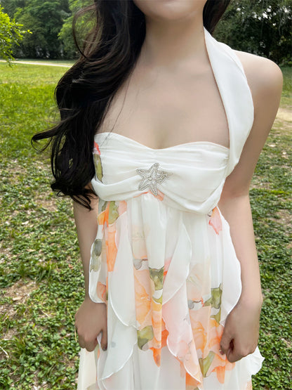 Everyday Wear Halter Neck Backless A-Line Maxi Dress Fairy Sequins Accent Floral Print Ruffles Long Dress AP3409