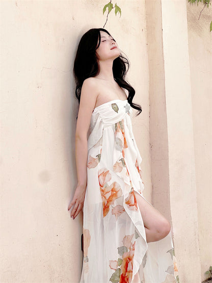 Everyday Wear Halter Neck Backless A-Line Maxi Dress Fairy Sequins Accent Floral Print Ruffles Long Dress AP3409