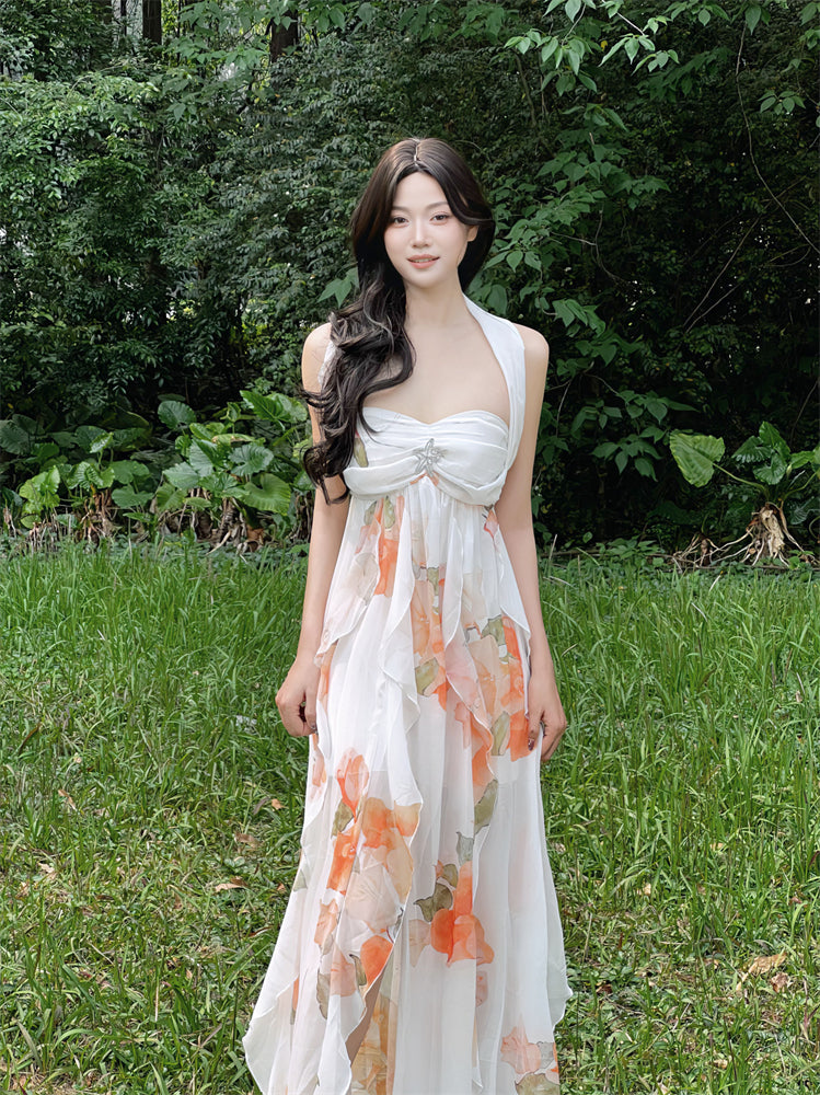 Everyday Wear Halter Neck Backless A-Line Maxi Dress Fairy Sequins Accent Floral Print Ruffles Long Dress AP3409