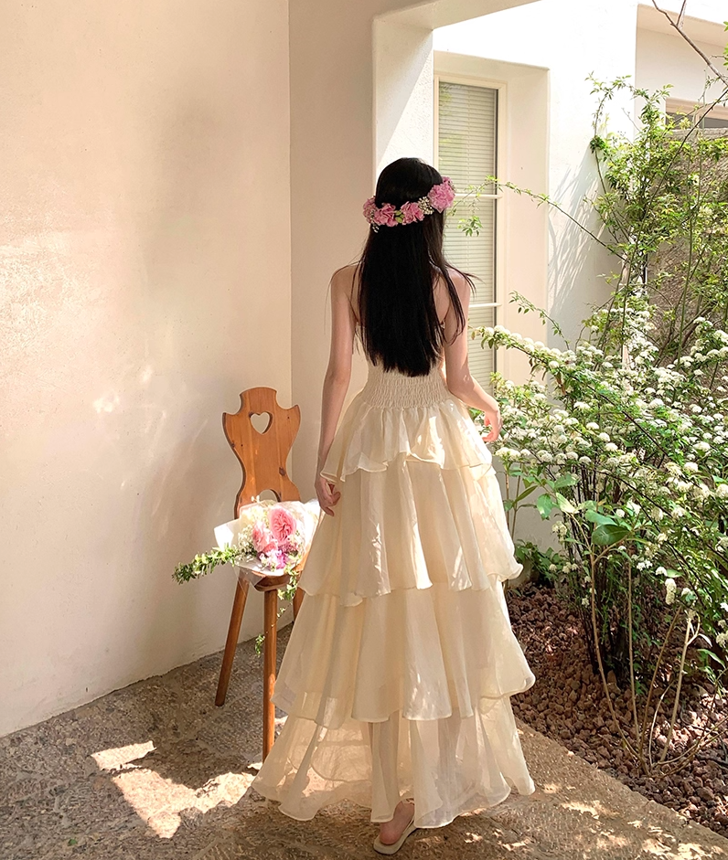 Fairy A-Line Strapless Ruffles Trimmed Maxi Dresses Lovely Tiered Tulle Cinched-Waist Long Dress AP3410