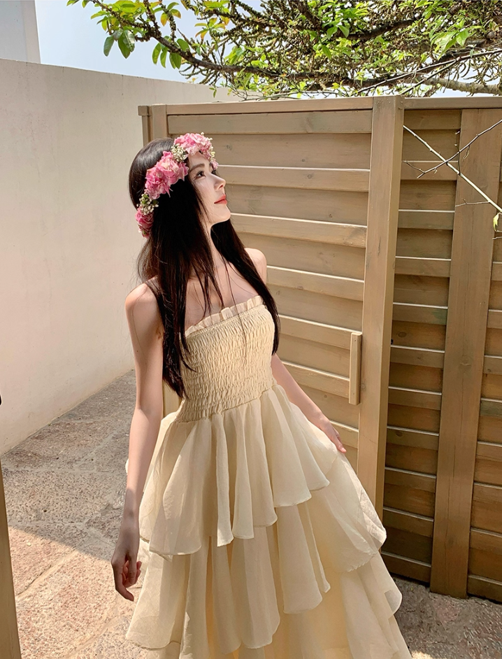 Fairy A-Line Strapless Ruffles Trimmed Maxi Dresses Lovely Tiered Tulle Cinched-Waist Long Dress AP3410