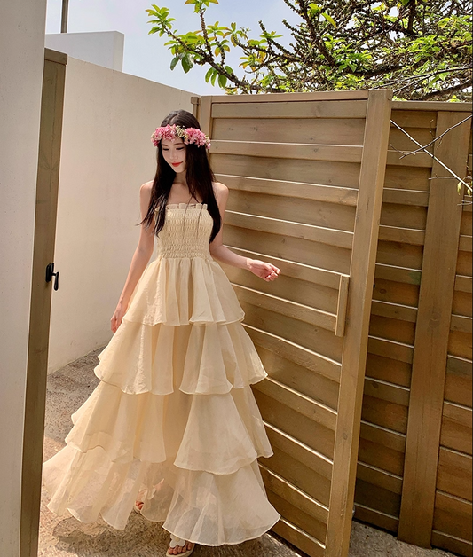 Fairy A-Line Strapless Ruffles Trimmed Maxi Dresses Lovely Tiered Tulle Cinched-Waist Long Dress AP3410