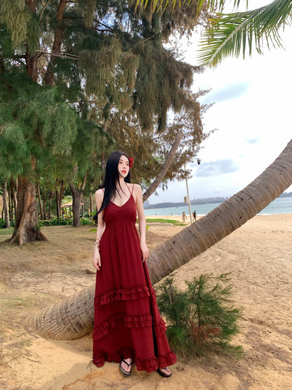 New Tendency Spaghetti Strap A-Line Red Maxi Dress Ornate Ruffles Backless Tiered Long Dress AP3411