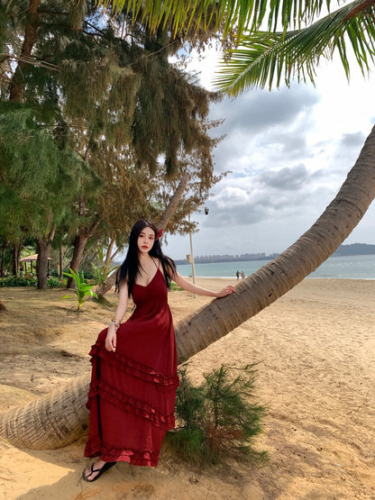 New Tendency Spaghetti Strap A-Line Red Maxi Dress Ornate Ruffles Backless Tiered Long Dress AP3411