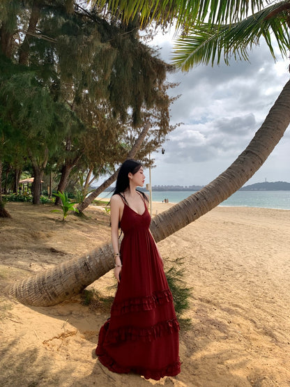 New Tendency Spaghetti Strap A-Line Red Maxi Dress Ornate Ruffles Backless Tiered Long Dress AP3411