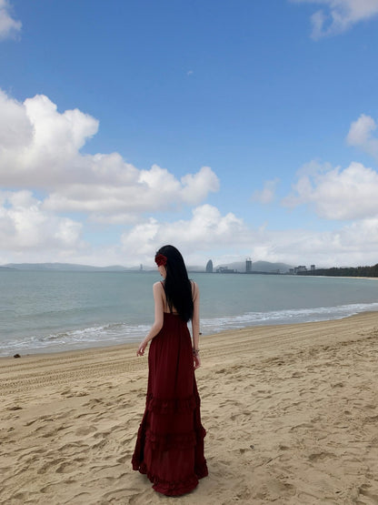 New Tendency Spaghetti Strap A-Line Red Maxi Dress Ornate Ruffles Backless Tiered Long Dress AP3411