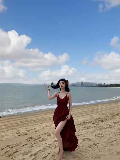 New Tendency Spaghetti Strap A-Line Red Maxi Dress Ornate Ruffles Backless Tiered Long Dress AP3411