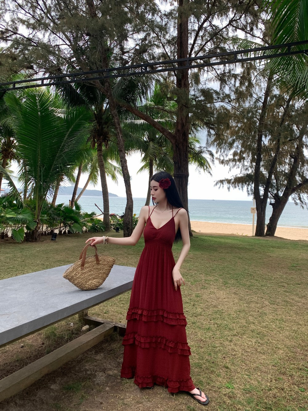 New Tendency Spaghetti Strap A-Line Red Maxi Dress Ornate Ruffles Backless Tiered Long Dress AP3411