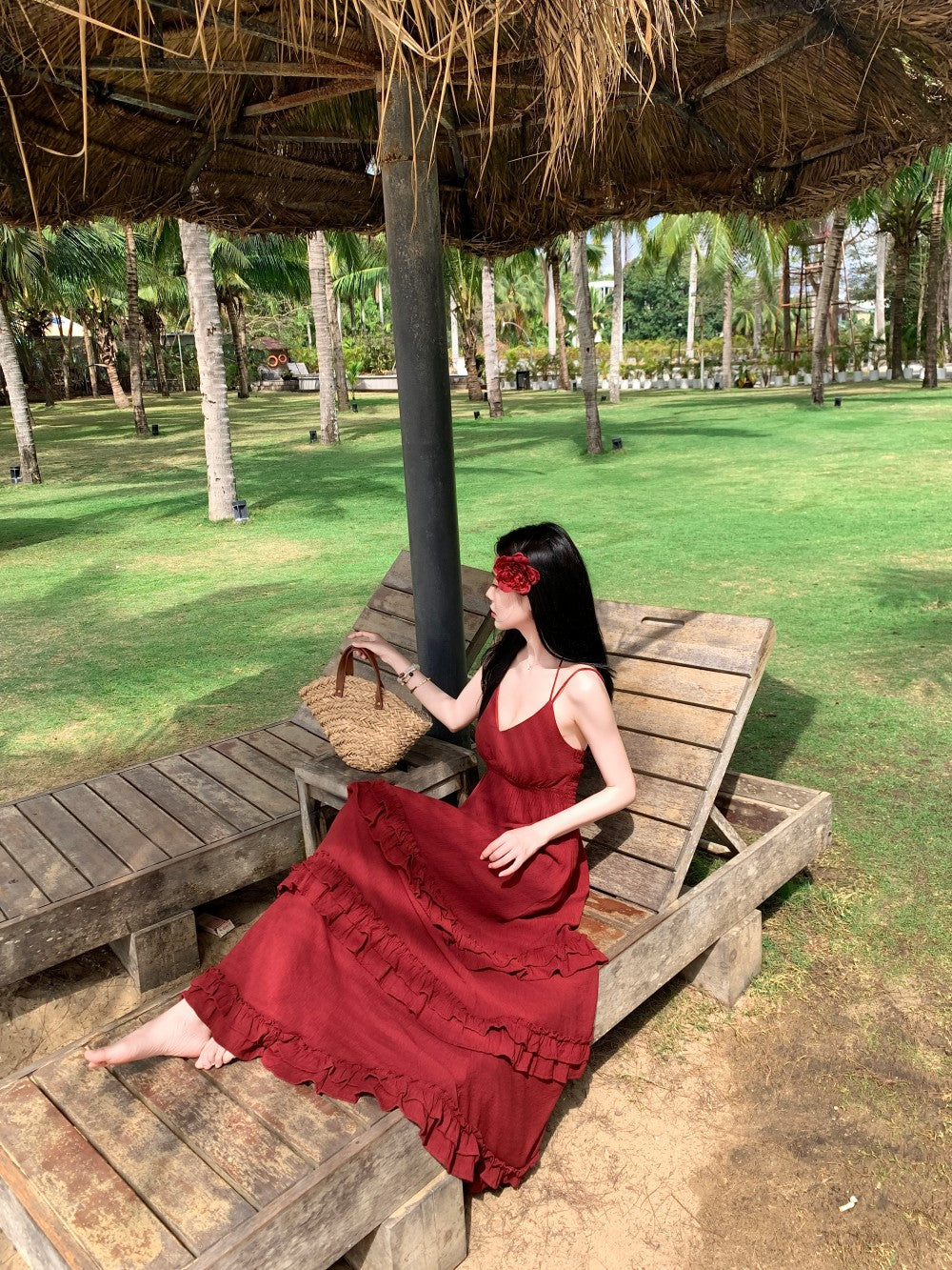 New Tendency Spaghetti Strap A-Line Red Maxi Dress Ornate Ruffles Backless Tiered Long Dress AP3411