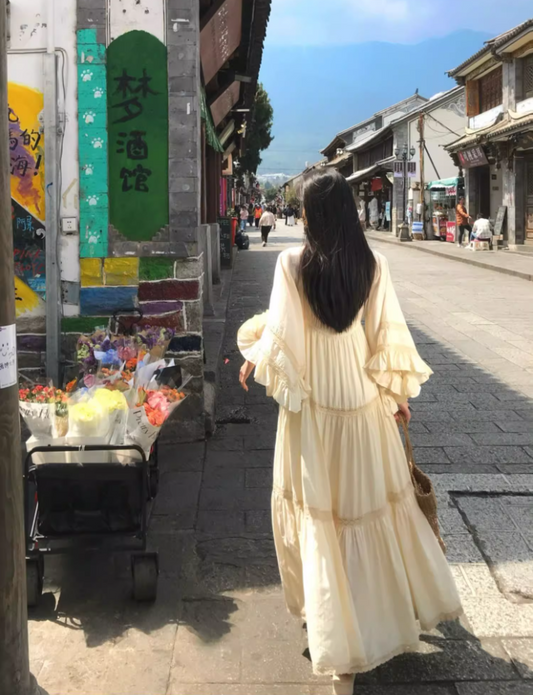 Vacays Outfit A-Line Long Bell-Sleeve Maxi Dress Casual Square Neck Cinched-Waist Ruffles Long Dress AP3412