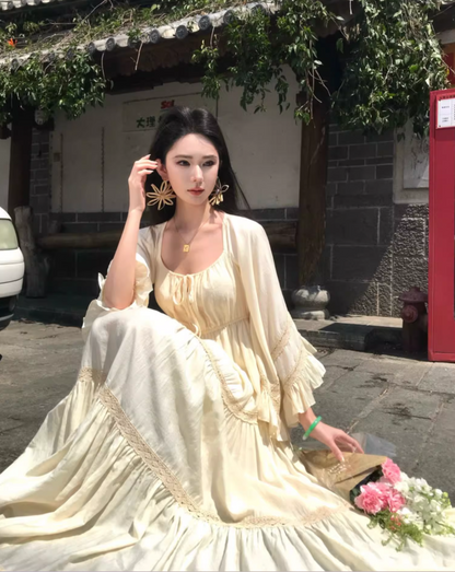 Vacays Outfit A-Line Long Bell-Sleeve Maxi Dress Casual Square Neck Cinched-Waist Ruffles Long Dress AP3412