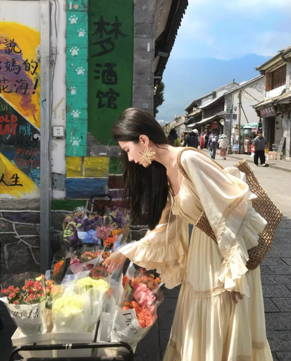 Vacays Outfit A-Line Long Bell-Sleeve Maxi Dress Casual Square Neck Cinched-Waist Ruffles Long Dress AP3412