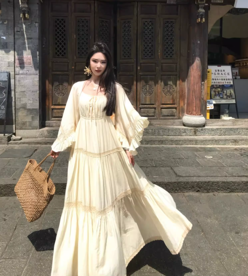 Vacays Outfit A-Line Long Bell-Sleeve Maxi Dress Casual Square Neck Cinched-Waist Ruffles Long Dress AP3412