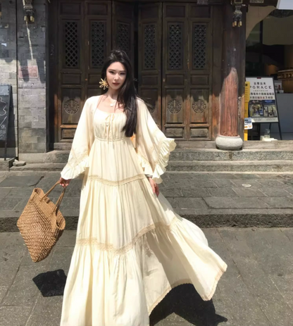Vacays Outfit A-Line Long Bell-Sleeve Maxi Dress Casual Square Neck Cinched-Waist Ruffles Long Dress AP3412