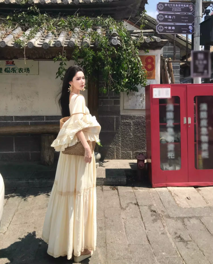 Vacays Outfit A-Line Long Bell-Sleeve Maxi Dress Casual Square Neck Cinched-Waist Ruffles Long Dress AP3412