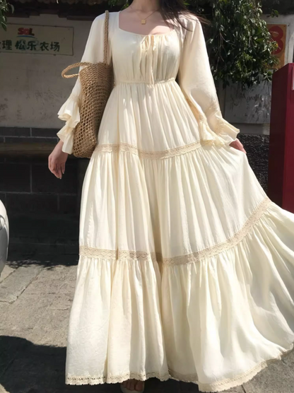 Vacays Outfit A-Line Long Bell-Sleeve Maxi Dress Casual Square Neck Cinched-Waist Ruffles Long Dress AP3412