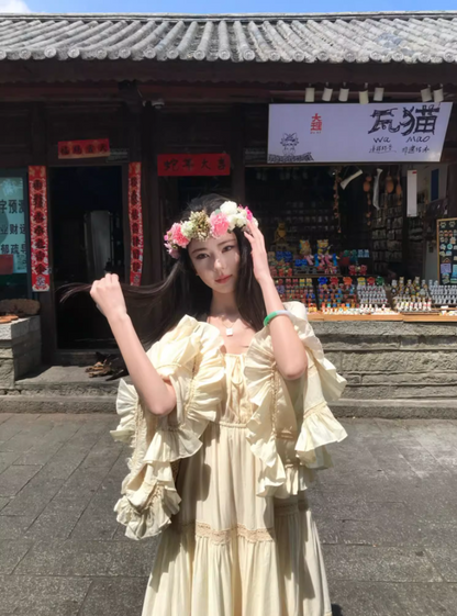 Vacays Outfit A-Line Long Bell-Sleeve Maxi Dress Casual Square Neck Cinched-Waist Ruffles Long Dress AP3412