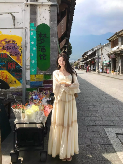 Vacays Outfit A-Line Long Bell-Sleeve Maxi Dress Casual Square Neck Cinched-Waist Ruffles Long Dress AP3412