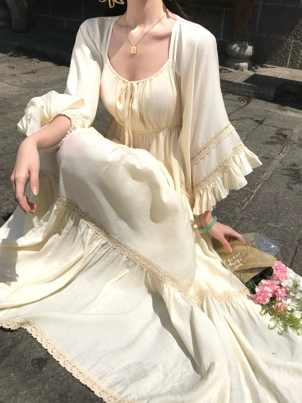 Vacays Outfit A-Line Long Bell-Sleeve Maxi Dress Casual Square Neck Cinched-Waist Ruffles Long Dress AP3412