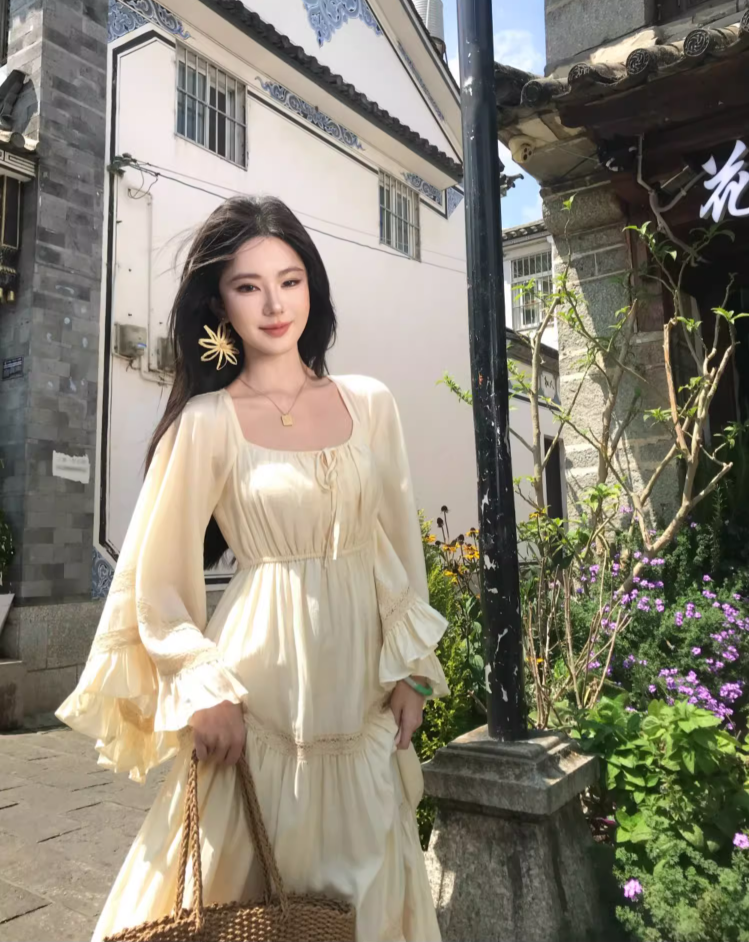 Vacays Outfit A-Line Long Bell-Sleeve Maxi Dress Casual Square Neck Cinched-Waist Ruffles Long Dress AP3412