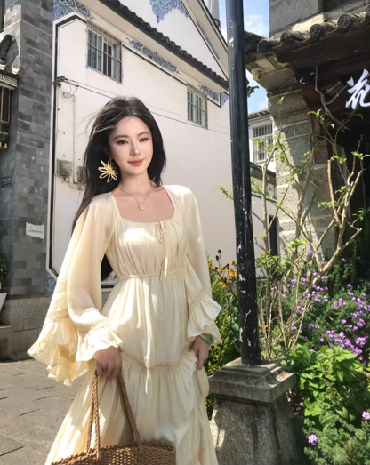 Vacays Outfit A-Line Long Bell-Sleeve Maxi Dress Casual Square Neck Cinched-Waist Ruffles Long Dress AP3412