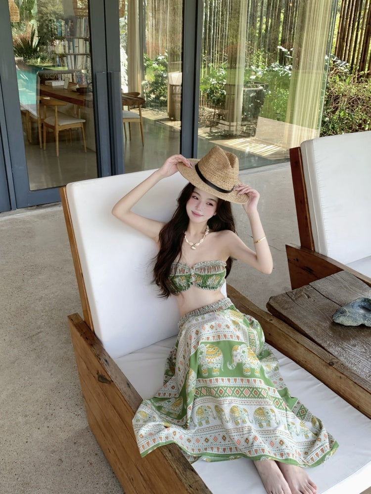 Gen Z Style A-Line 2-Piece Set Strapless Maxi Dresses Hottie Floral Print Trimmed Ruffles Long Dress AP3413