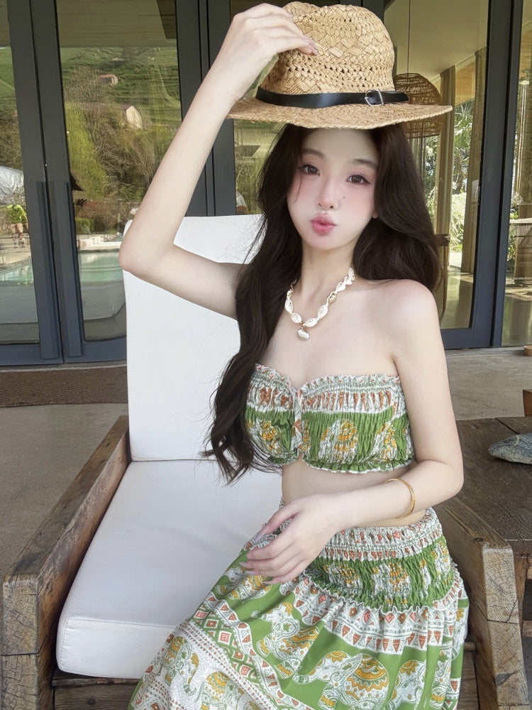 Gen Z Style A-Line 2-Piece Set Strapless Maxi Dresses Hottie Floral Print Trimmed Ruffles Long Dress AP3413