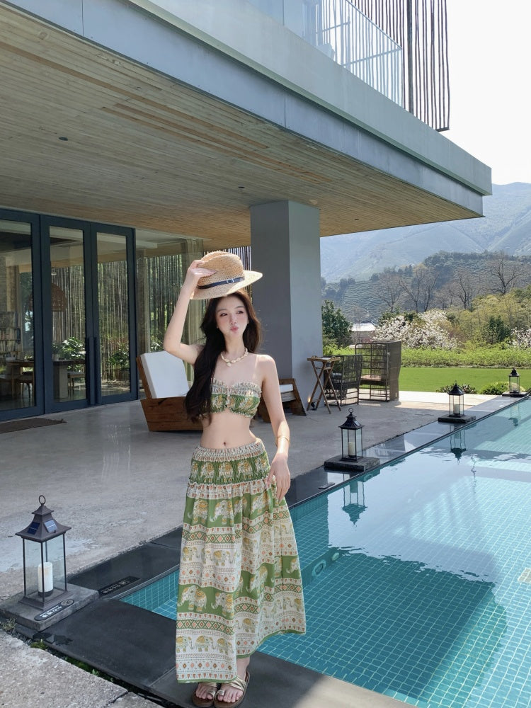 Gen Z Style A-Line 2-Piece Set Strapless Maxi Dresses Hottie Floral Print Trimmed Ruffles Long Dress AP3413