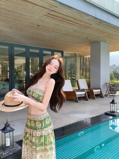 Gen Z Style A-Line 2-Piece Set Strapless Maxi Dresses Hottie Floral Print Trimmed Ruffles Long Dress AP3413