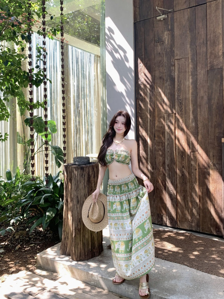 Gen Z Style A-Line 2-Piece Set Strapless Maxi Dresses Hottie Floral Print Trimmed Ruffles Long Dress AP3413