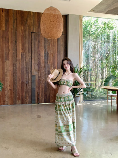 Gen Z Style A-Line 2-Piece Set Strapless Maxi Dresses Hottie Floral Print Trimmed Ruffles Long Dress AP3413