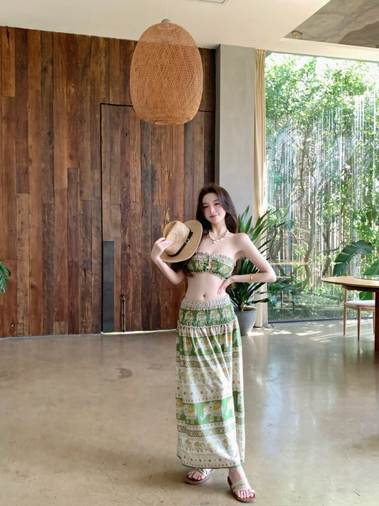 Gen Z Style A-Line 2-Piece Set Strapless Maxi Dresses Hottie Floral Print Trimmed Ruffles Long Dress AP3413