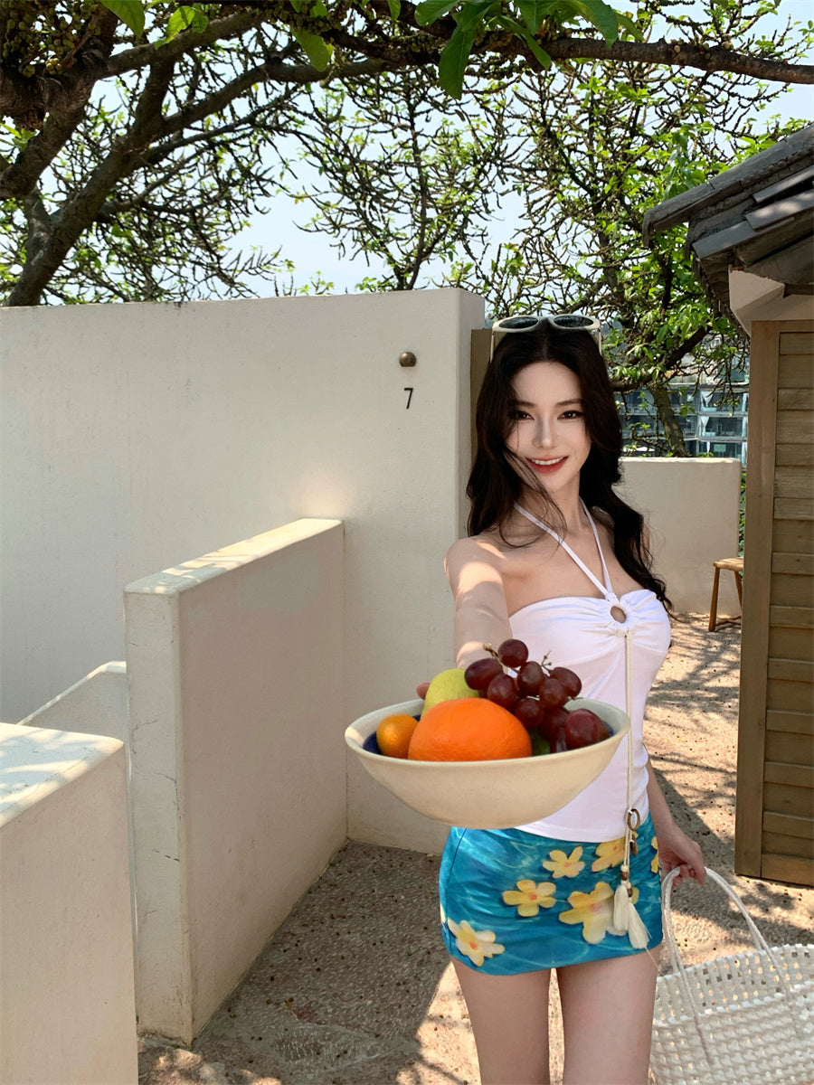 Hot Girls 2-Piece Set Sheath Mini Skirt Retro Floral Print Cutout Halter Short Dress AP3414