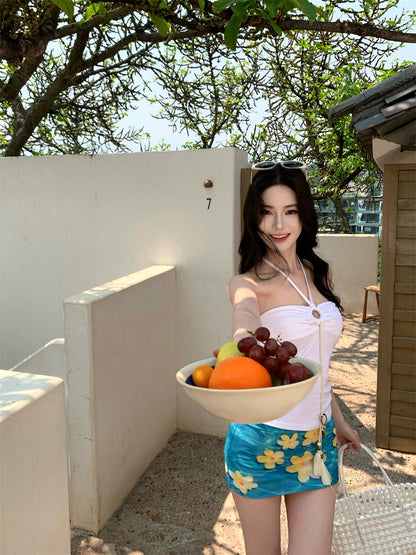 Hot Girls 2-Piece Set Sheath Mini Skirt Retro Floral Print Cutout Halter Short Dress AP3414